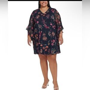 Calvin Klein Women's Plus Size Floral Chiffon Bell-Sleeve Dress Navy Multi 22W